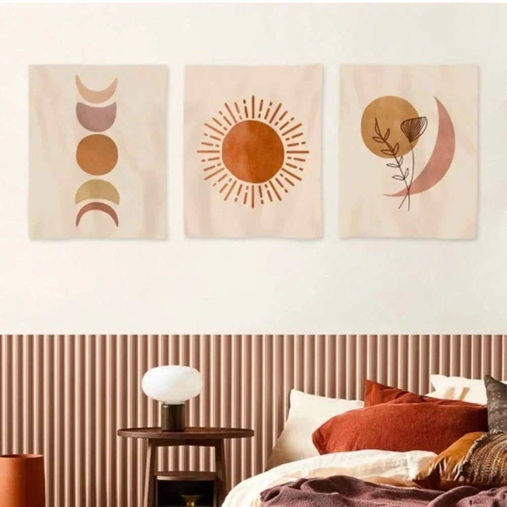 Hippie Set of Floral Moon & Sun Wall Tapestry/Art